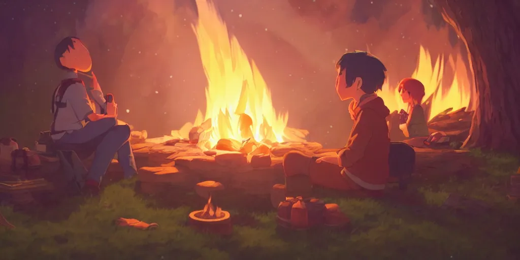 Prompt: a wholesome animation key shot of a focused traveler sitting at a campfire at night, medium shot, waist up, studio Ghibli, Pixar and Disney animation, sharp, very detailed, high resolution, Rendered in Unreal Engine 5, anime key art by Greg Rutkowski, Bloom, dramatic lighting