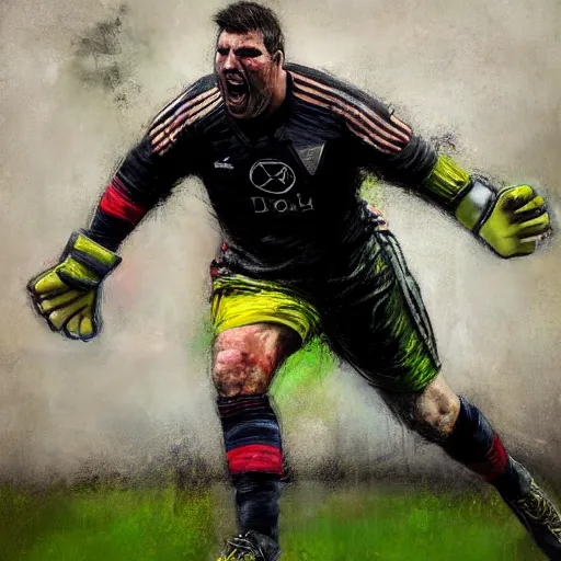 Prompt: A realistic hyperdetailed multi-colored digital oil full body portrait painting of a fat goal keeper saving a penalty, black jersey, short hair, in the style of Guy Denning, Ruan Jia, and Craig Mullins. Trending on ArtStation and DeviantArt. CGSociety Digital art.