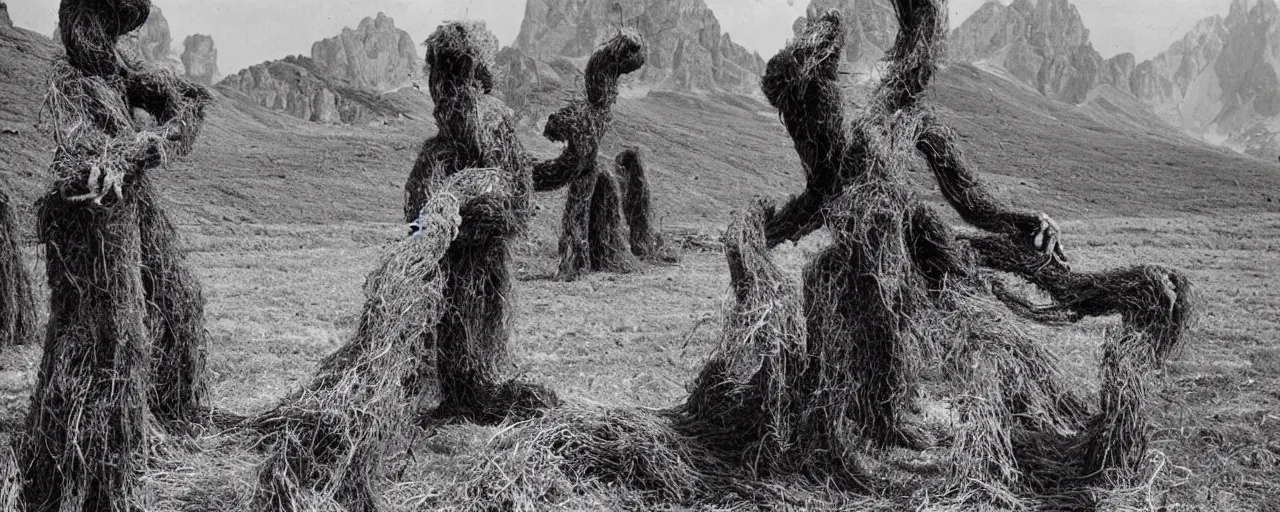 Image similar to 1940s photography of eerie landscape in the dolomites, farmer transformed into root and hay monster