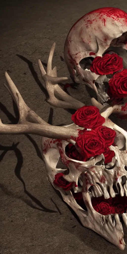 Prompt: blood dipping from a rose and growing out of a deer skull, unreal engine, realistic lighting, 4k, hyper realism, dark fantasy