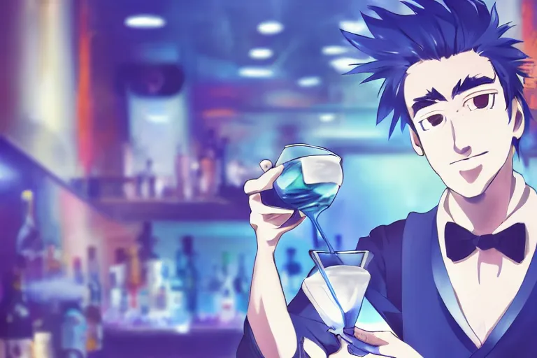 Image similar to anime portrait of a bartender guy with messy blue hair mixing drinks, trending on artstation, dynamic pose perspective, moody, detailed facial features, sharp focus, cel shaded