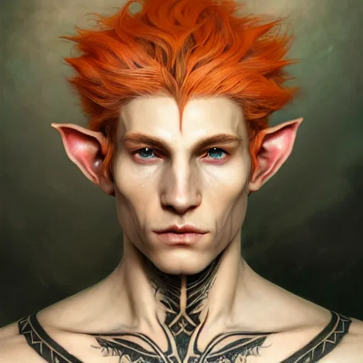 Image similar to portrait painting of an elven young man with short light orange hair and tribal tattoos on cheekbones wearing fur armor, ultra realistic, concept art, intricate details, eerie, highly detailed, photorealistic, octane render, 8 k, unreal engine. art by artgerm and greg rutkowski and charlie bowater and magali villeneuve and alphonse mucha