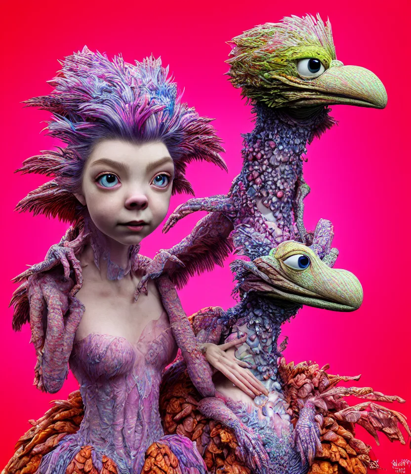 Image similar to hyper detailed 3d render like a Oil painting - kawaii portrait of lovers Aurora (a beautiful girl skeksis muppet fae princess protective playful expressive acrobatic from dark crystal that looks like Anya Taylor-Joy) seen red carpet photoshoot in UVIVF posing in scaly dress to Eat of the Strangling network of yellowcake aerochrome and milky Fruit and His delicate Hands hold of gossamer polyp blossoms bring iridescent fungal flowers whose spores black the foolish stars by Jacek Yerka, Ilya Kuvshinov, Mariusz Lewandowski, Houdini algorithmic generative render, golen ratio, Abstract brush strokes, Masterpiece, Edward Hopper and James Gilleard, Zdzislaw Beksinski, Mark Ryden, Wolfgang Lettl, hints of Yayoi Kasuma and Dr. Seuss, Grant Wood, octane render, 8k