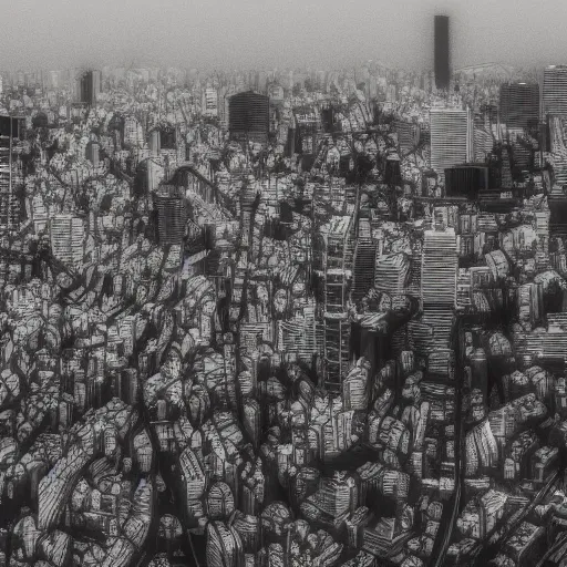 Image similar to tokyo city taken from drone by ashley wood and j. m. w. turner, speed painting, photo bash, cinematic angle, super detailing, monochrome