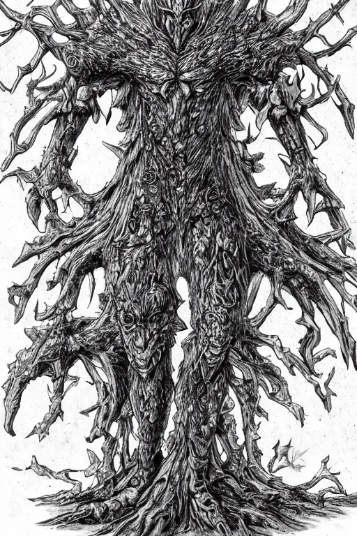 Image similar to armoured tree humanoid monster, symmetrical, highly detailed, digital art, tree armour, sharp focus, trending on art station, kentaro miura manga art style