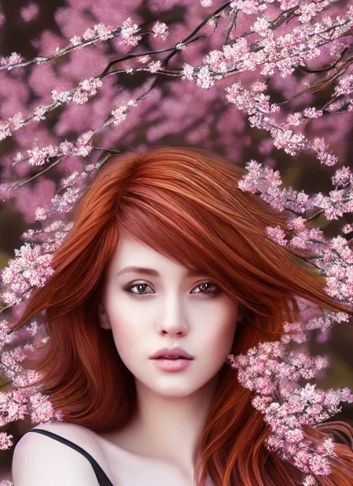 Image similar to photo of a gorgeous female with auburn hair in the style of stefan kostic, realistic, half body shot, sharp focus, 8 k high definition, insanely detailed, intricate, elegant, art by stanley lau and artgerm, extreme blur cherry blossoms background