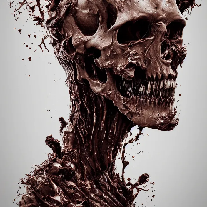 Image similar to portrait of a melting chocolate skull. razor sharp teeth. infected with zombie fungus. intricate abstract. intricate artwork. nightmare fuel. by Tooth Wu, wlop, beeple, dan mumford. octane render, trending on artstation, greg rutkowski very coherent symmetrical artwork. cinematic, hyper realism, high detail, octane render, 8k, iridescent accents