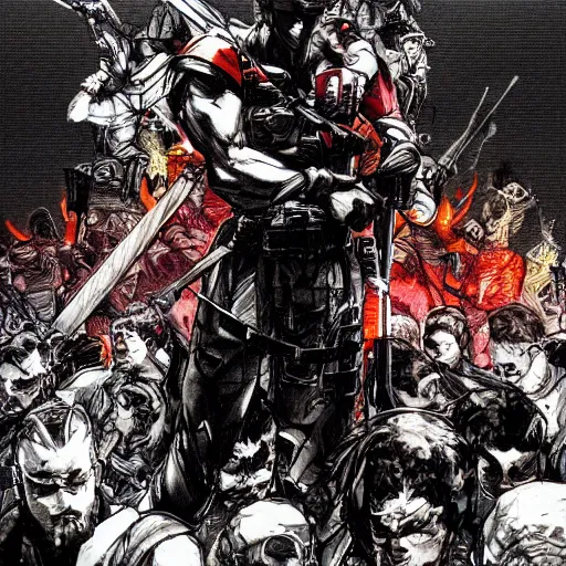 Image similar to hero sitting on a chair holding a sword on his back, looking at a army in the background illustrated by yoji shinkawa, pencil art, extra detail, dynamic, colored, blood, metal swords