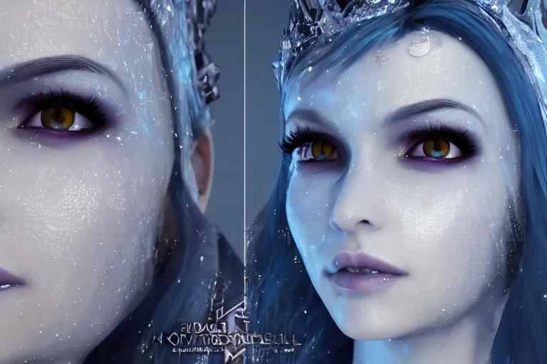 Image similar to HD render of Malevolent Ice Queen with ice droplets on forehead in the style of Artstation, Unreal Engine, photorealistic, reflective