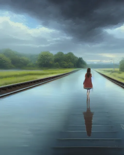 Image similar to shallow reflective water completely covers submerged train tracks as a girl walks along carrying her shoes, there is a train station in the distance, large white clouds on a wide horizon, intricate, elegant, highly detailed, digital painting, artstation, concept art, smooth, sharp focus, illustration, art by artgerm and greg rutkowski and fra angelico