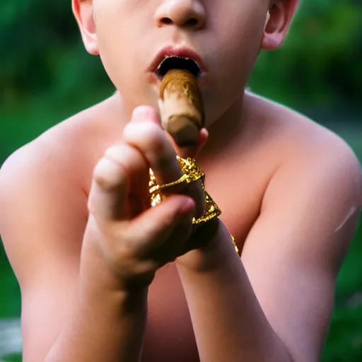 Prompt: A full-shot portrait of a boy with make-up and a netted fishnet mesh tanktop wearing a golden diamond crown and smoking a cigar on a sunny day in the park, 35mm, 4K, studio lighting