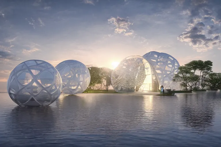 Image similar to a building formed by the intersection and fusion of many multi - white spherical and egg - shaped spaces. on the calm lake, people's perspective award winning, highly detailed 4 k art, dusk, unreal engine highly rendered, global illumination, radial light, internal environment by kazuyo sejima