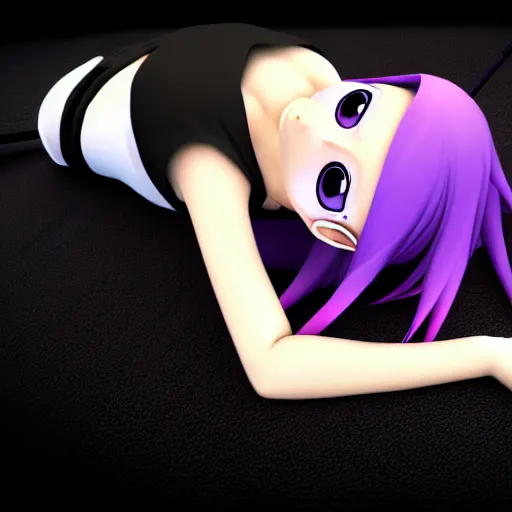 Prompt: A render of a cute young 3D anime girl with long violet hair, she is laying on her back, top down camera angle pointing at her face, wearing a long flowing black reaper hood with black pants, a bloody scythe is laying next to her foot, in a dark field, laying on her back, full body, dark and moody lighting, night time