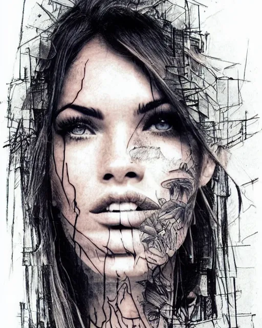 Prompt: double exposure effect tattoo design sketch of a megan fox portrait blended with beautiful mountain scenery, surreal, in the style of matteo pasqualin, amazing detail, sharp