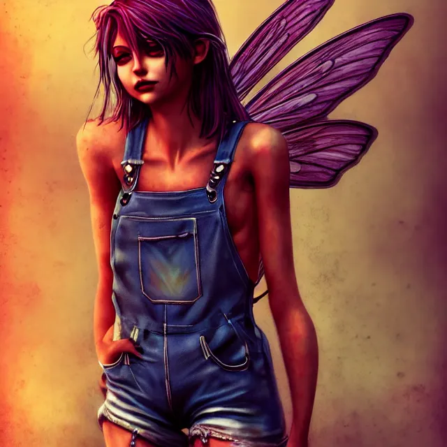 Image similar to full body pose, beautiful adult anarchy fairy, dirty, grungy, grunge, overalls, highly detailed, 4 k, hdr, smooth, sharp focus, high resolution, award - winning photo, artgerm, photorealistic