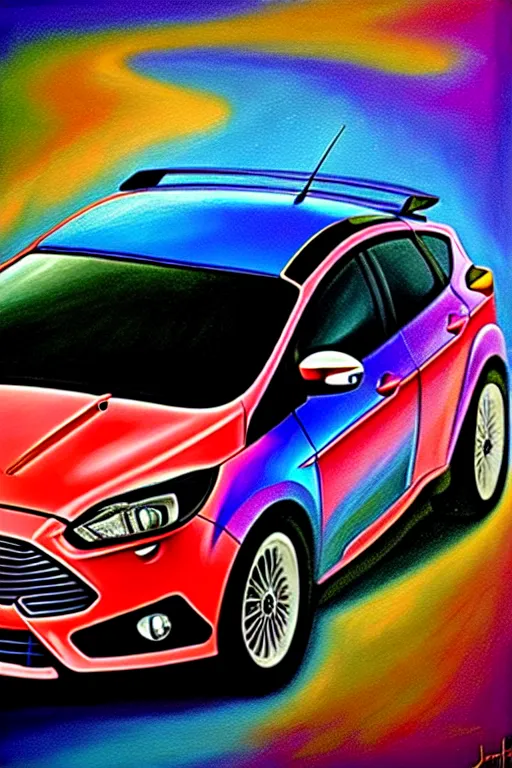 Prompt: a photorealistic painting of ford focus hatchback by johfra bosschart, lisa frank, dark fantasy art, high detail, trending on artstation