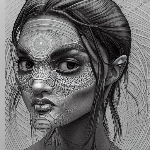 Prompt: holographic headset interface painted in alex grey style drawn by vania zouravliov, inspired by ooioo and sorayama and ikeuchi, intricate manga drawing, black and white, 3 d, high detail, sharp high detail, artstation, octane