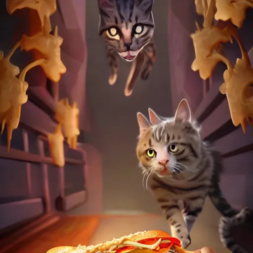 Prompt: deeply scared cat running away from the giant carnivorous sandwich, artstation hq, dark phantasy, stylized, symmetry, modeled lighting, detailed, expressive, true unsimulated emotions, created by hidetaka miyazaki