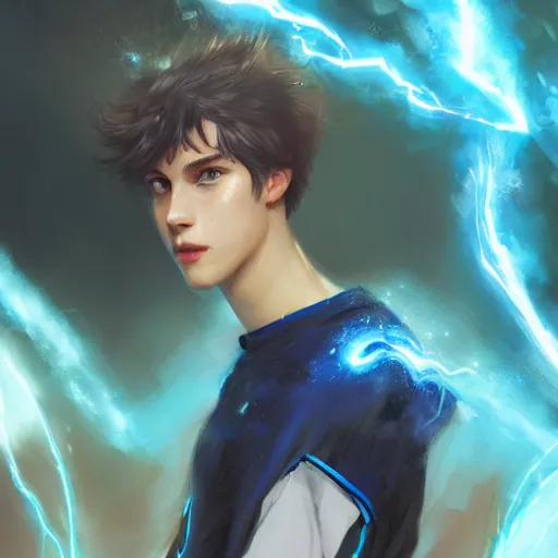 Image similar to a teen boy with glowing blue eyes sparkling with blue lightning in emotional turmoil. sparks. electricity. digital art. fantasy. matte painting sharp focus. action pose. dynamic poses. highly detailed. uhd. by repin. krenz cushart tianhua xu