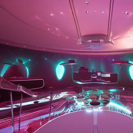 Image similar to “future nightclub in space with alien band playing future instruments, hyperrealism, ultra realistic, 8k, high quality, sci fi, octane render”