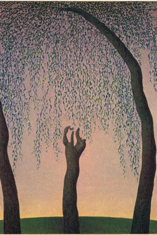 Image similar to weeping willow with an entrance to the entire cosmos by rene magritte and salvadore dali