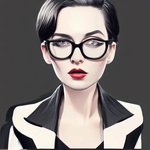 Image similar to slim girl in black tuxedo, corporate boss, luxury, 2d, ultra highly detailed, smooth, sharp focus, digital art, digital painting, elegant, artstation, by Ilya Kuvshinov