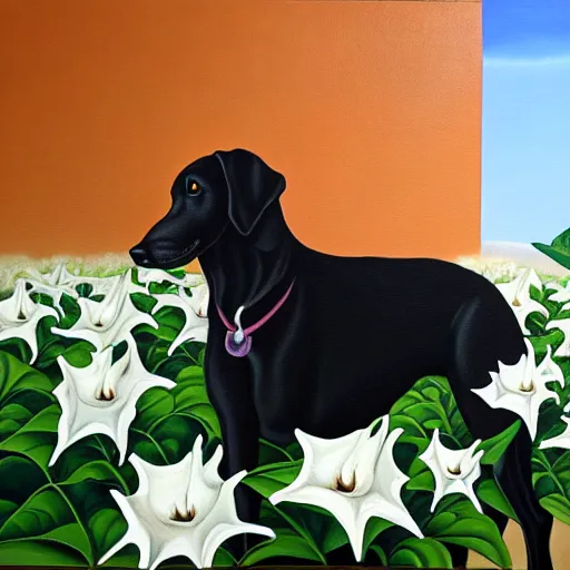 Prompt: oil painting of datura strammonium flowers with a vicious black dog in the foreground