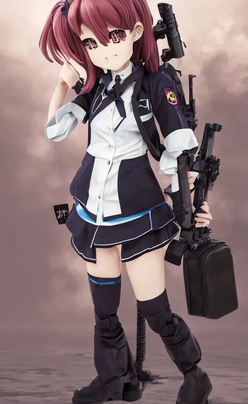 Prompt: toy photo, school uniform, portrait of the action figure of a girl, anime character anatomy, girls frontline style, collection product, dirt and smoke background, flight squadron insignia, realistic military gear, 70mm lens, round elements, photo taken by professional photographer, trending on instagram, symbology, 4k resolution, low saturation, empty hands, realistic military carrier
