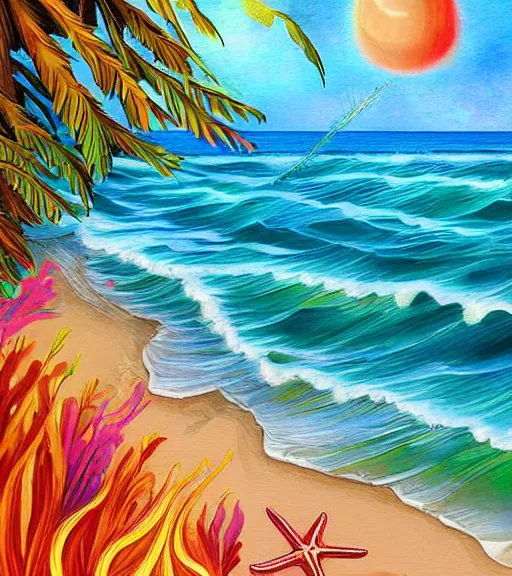 Prompt: digital painting detailed beach and shoreline with starfish painted by jeremiah ketner and James Gurney