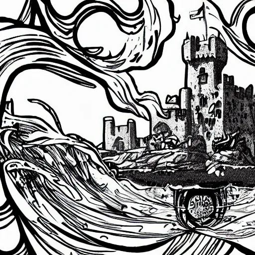 Prompt: castle half submerged in the sea, pencil sketch, comic art, digital art, black and white