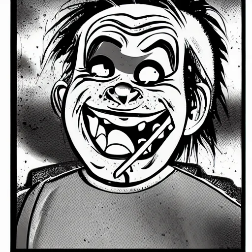 Prompt: cartoon drawing of chucky | horror themed | loony toons style