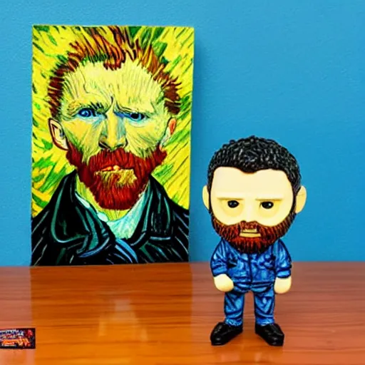 Image similar to prisoner vincent van gogh standing next to his painting starry night which is on an easel, stop motion vinyl action figure, plastic, toy, butcher billy style