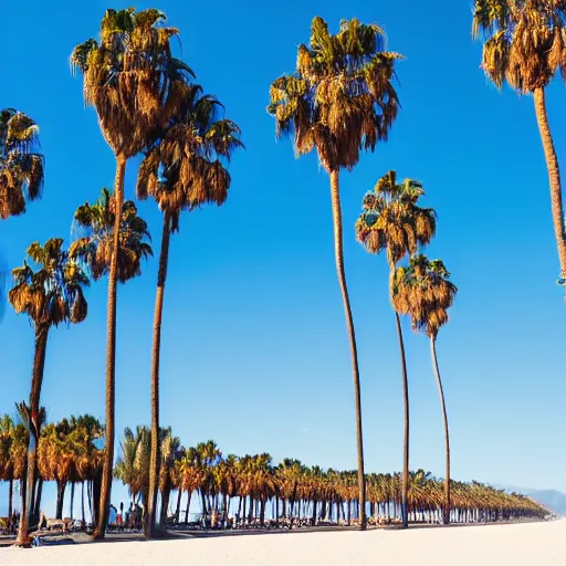 Prompt: a line of palm trees on a santa monica beach, line of palm trees recedes into distance, line of palm trees floats upright into blue sky, california