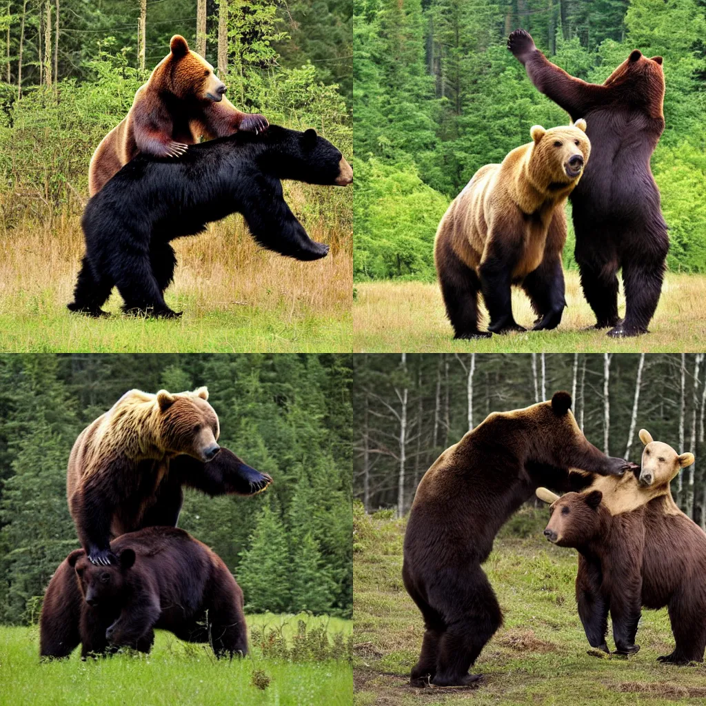 Prompt: the bear lifted the cow over his head in the forest
