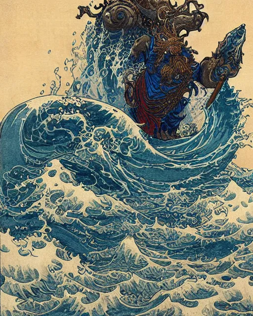 Image similar to royal king of the ocean poseidon world of warcraft god by hokusai and james gurney