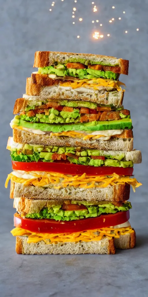 Prompt: the most tall sandwich with fried tofu, one red tomato slice, mayo, onion, avocado, melted cheddar, red dish, background : jupiter and stars in the sky