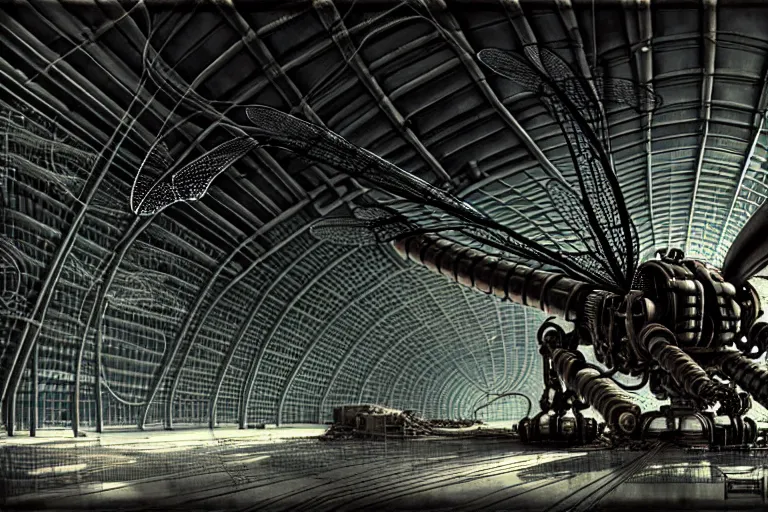 Prompt: dieselpunk huge robotic dragonfly, inside an gigantic underground concrete doom hangar, interior structure, drains, storm drains, jungle, vines, algea, cables, panels, walls, ceiling, floor, doors, brutalist architecture, intricate ink drawing, highly detailed in the style of Ashley Wood, moebius and Tsutomu Nihei, photorealistic, cinematic, intricate detail, well lit,