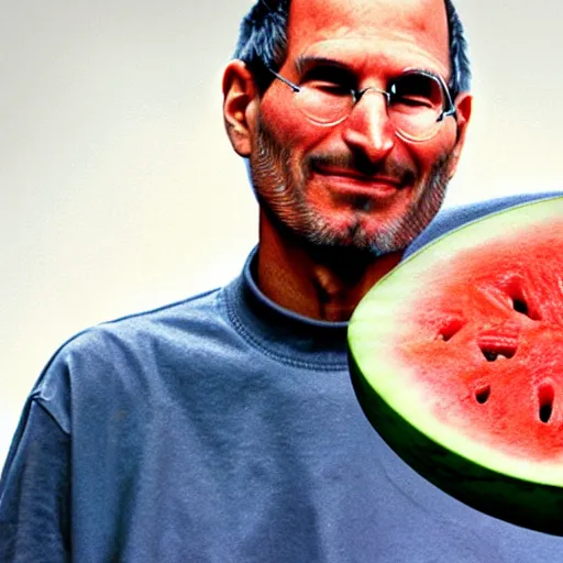 Prompt: steve jobs presenting a watermelon with a propeller