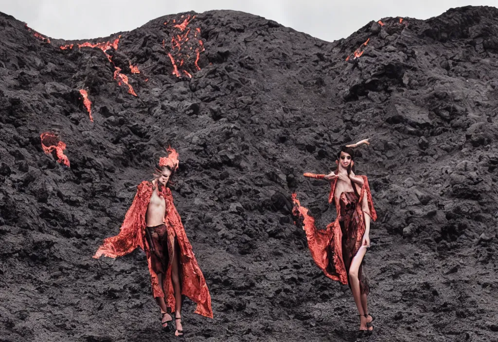 Image similar to fashion editorial in active volcano. wide angle. highly detailed.