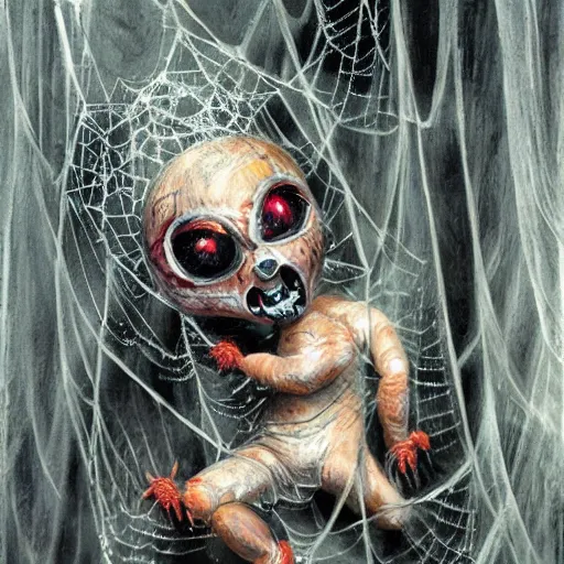 Image similar to Horror spider eating a human baby in its web realistic painting ultra detailed horror UHD 4k