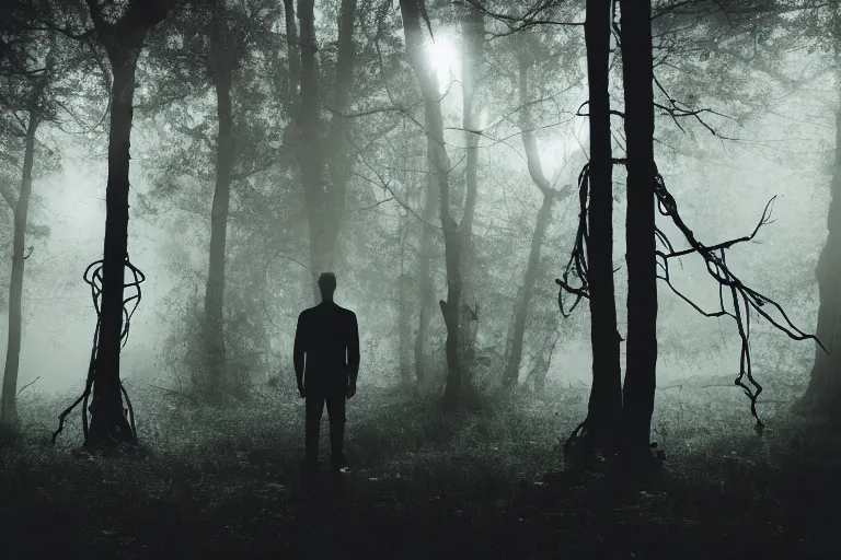 Prompt: a man in the woods with tendrils for limbs, atmospheric lighting, fog, backlight, silhouette, 4 k, haunted