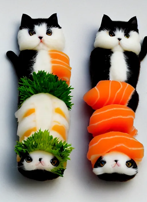 Image similar to clear photorealistic picture of adorable cats made out of sushi