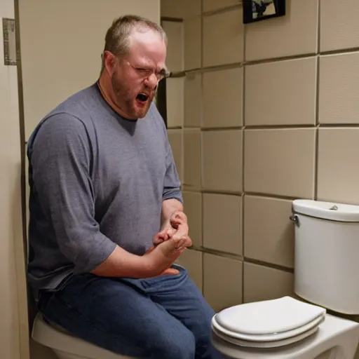 Image similar to a picture of hank shrader with a surprised expression sitting on a toilet