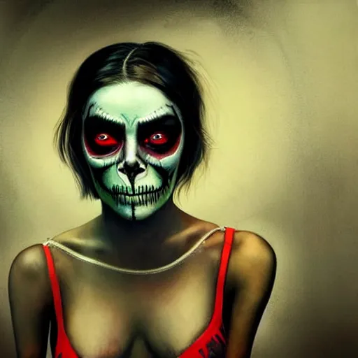 Prompt: in the style of Norman Rockwell and Charlie Bowater, Samara Weaving with skull face paint, symmetrical face, symmetrical body, holding a shotgun, in an alleyway during The Purge, night time dark with neon colors, fires