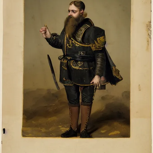 Prompt: Portrait of frustrated and acerbic male Imperial sergeant with a short beard wearing a {black and yellow tabard} over a steel breastplate and a black gambeson with his hands planted on a table with a war theater map, by Greg Rutkowski, {perfect face}, {perfect eyes}, {perfect body}, {hands planted on war table while standing}, fantasy