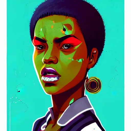 Image similar to Sachin Teng illustration of an afropunk female villain character, medium shot, asymmetrical, profile picture, outlines, rich colours, , trending on artstation, by Sachin Teng