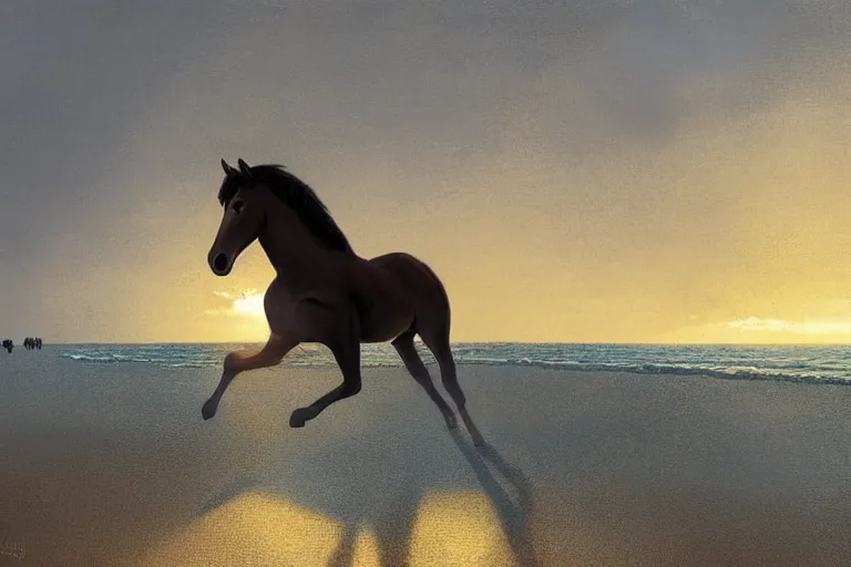 Image similar to a horse running on the beach at sunset by greg rutkowski