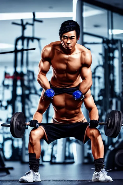 Image similar to Yasuo from League of Legends working out at the gym, photorealistic, highly detailed