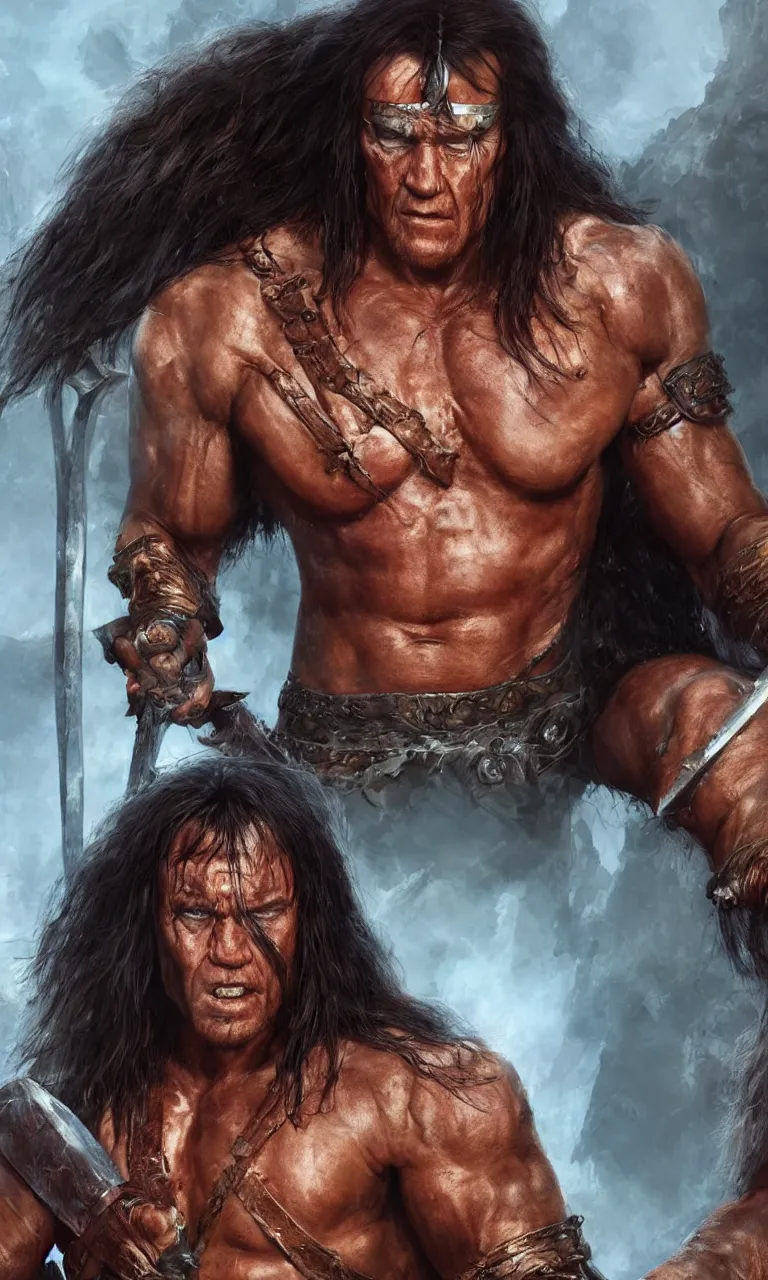 Image similar to hyper realistic digital painting of arnold swartzeneger as conan the barbarian by simon bisley and greg rutkowski, vivid color scheme, unreal engine 5