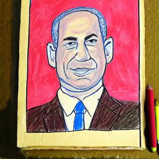 Image similar to portrait of benjamin netanyahu, drawn by a child, in oil pastel colors